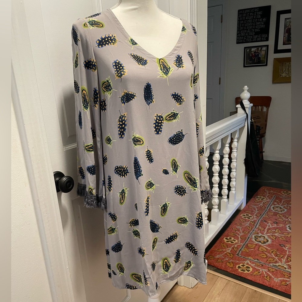 Uncle Frank Patterned Dress with a Blue and Yellow Feathered pattern 100% rayon